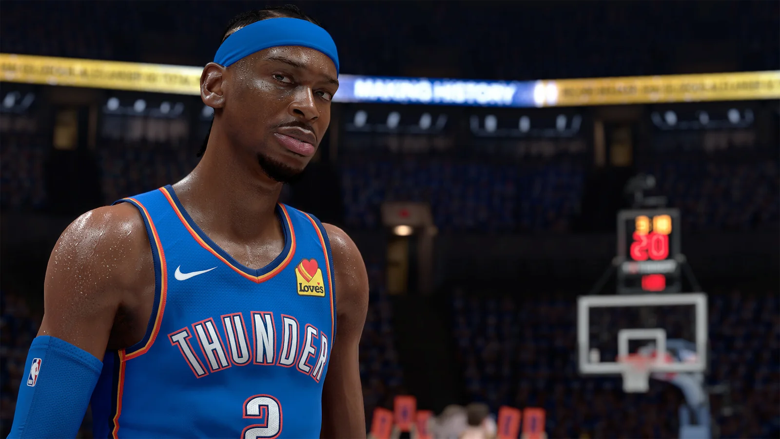 경기장 조명 아래 코트에 서 있는 농구 선수를 담은 NBA 2K26 화면