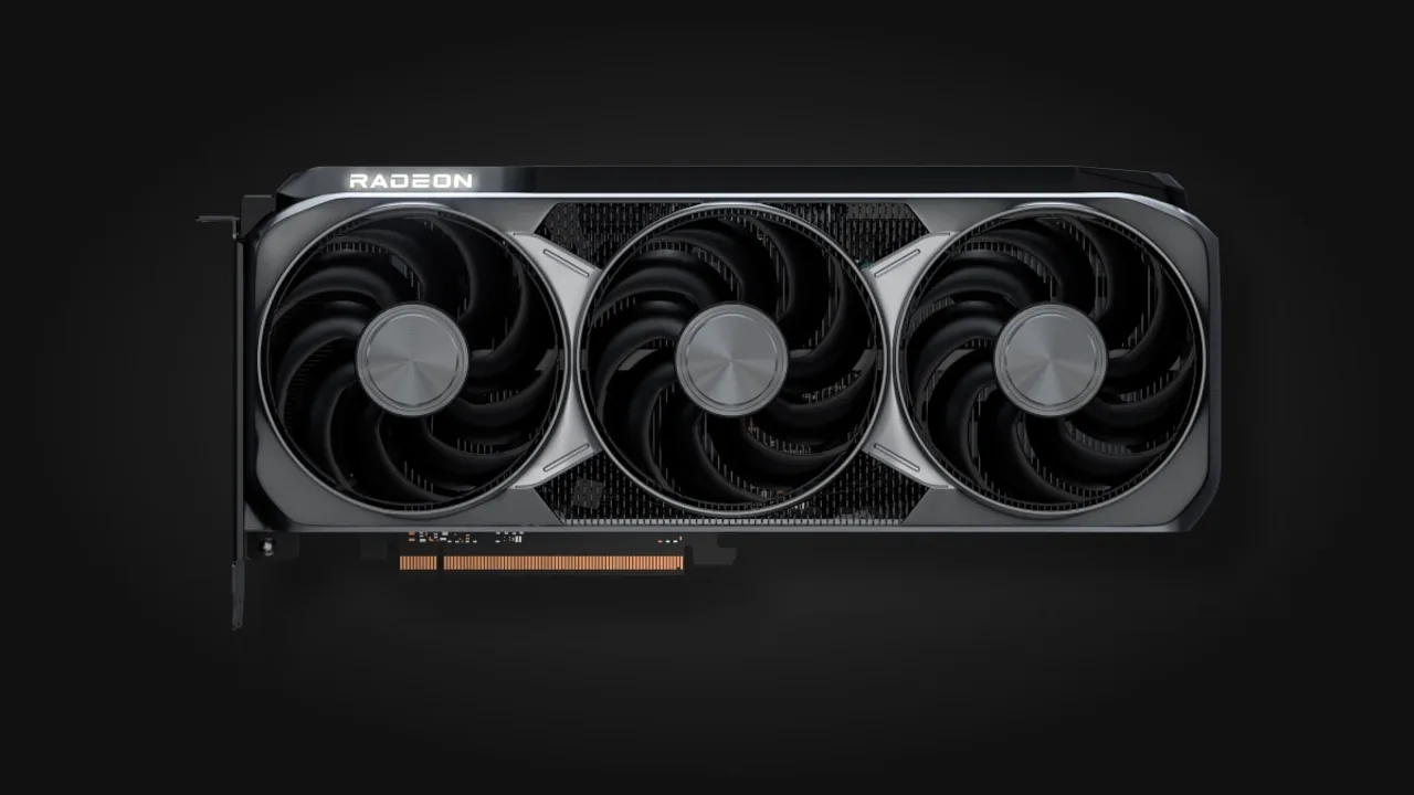 AMD 라돈 RDNA4 그래픽카드 공식 렌더링 이미지, 트리플 팬 쿨러가 장착된 검은색 카드