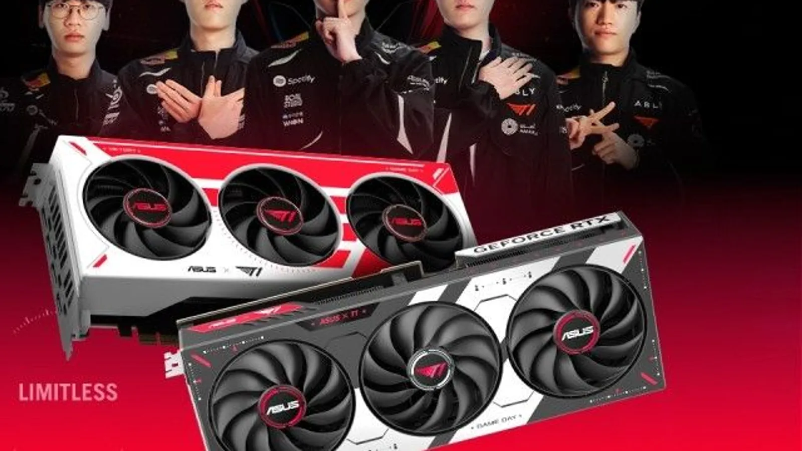 ASUS T1 협업 그래픽카드와 T1 선수들이 함께 있는 키 아트