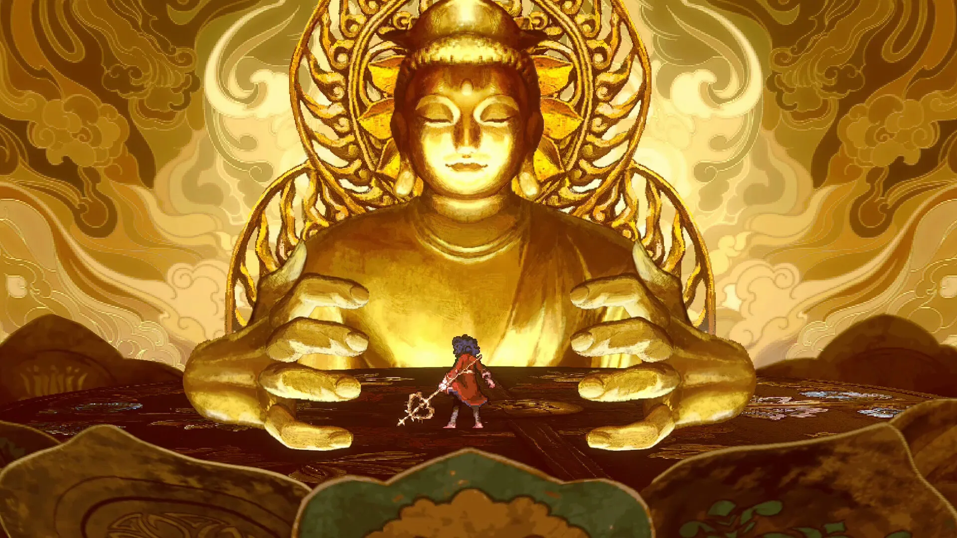 남모 인게임 화면 - 거대한 금빛 불상 보스와 대치하는 주인공