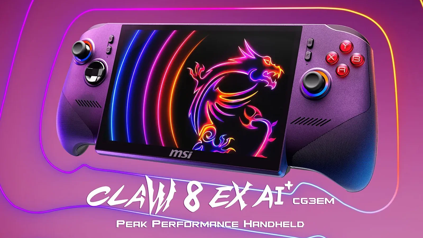 보라색 배경 위에 놓인 MSI 클로 8 EX AI+ 게이밍 핸드헬드 제품 이미지. 화면에 네온 드래곤 그래픽이 표시돼 있다