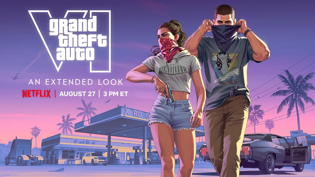 GTA6 익스텐디드 룩 넷플릭스 공개 예고 키아트, 두 캐릭터가 주유소 앞을 걷는 모습