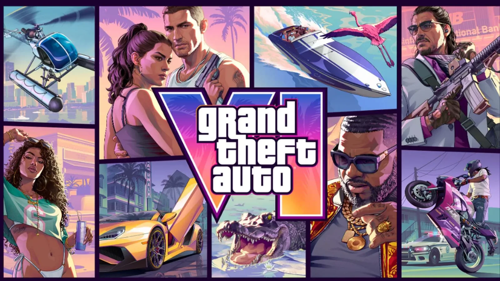 GTA 6 공식 커버 아트. 야자수와 해변을 배경으로 두 주인공과 로고가 배치돼 있다