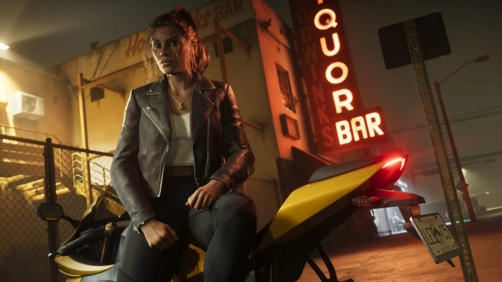GTA 6의 여성 주인공 루시아가 바이스 시티를 배경으로 서 있는 공식 이미지