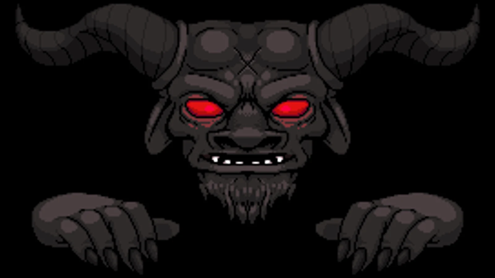 뿔 달린 거대한 얼굴과 세 개의 손이 떠 있는 바인딩 오브 아이작 메가 사탄