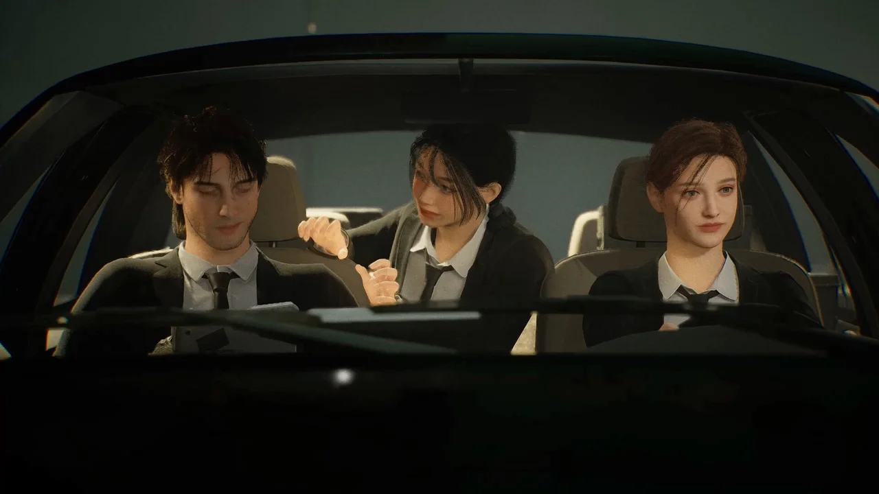 인터스케이프 게임 화면, 자동차 뒷좌석에 나란히 앉은 세 캐릭터가 정면을 응시하는 3인칭 컷신 장면