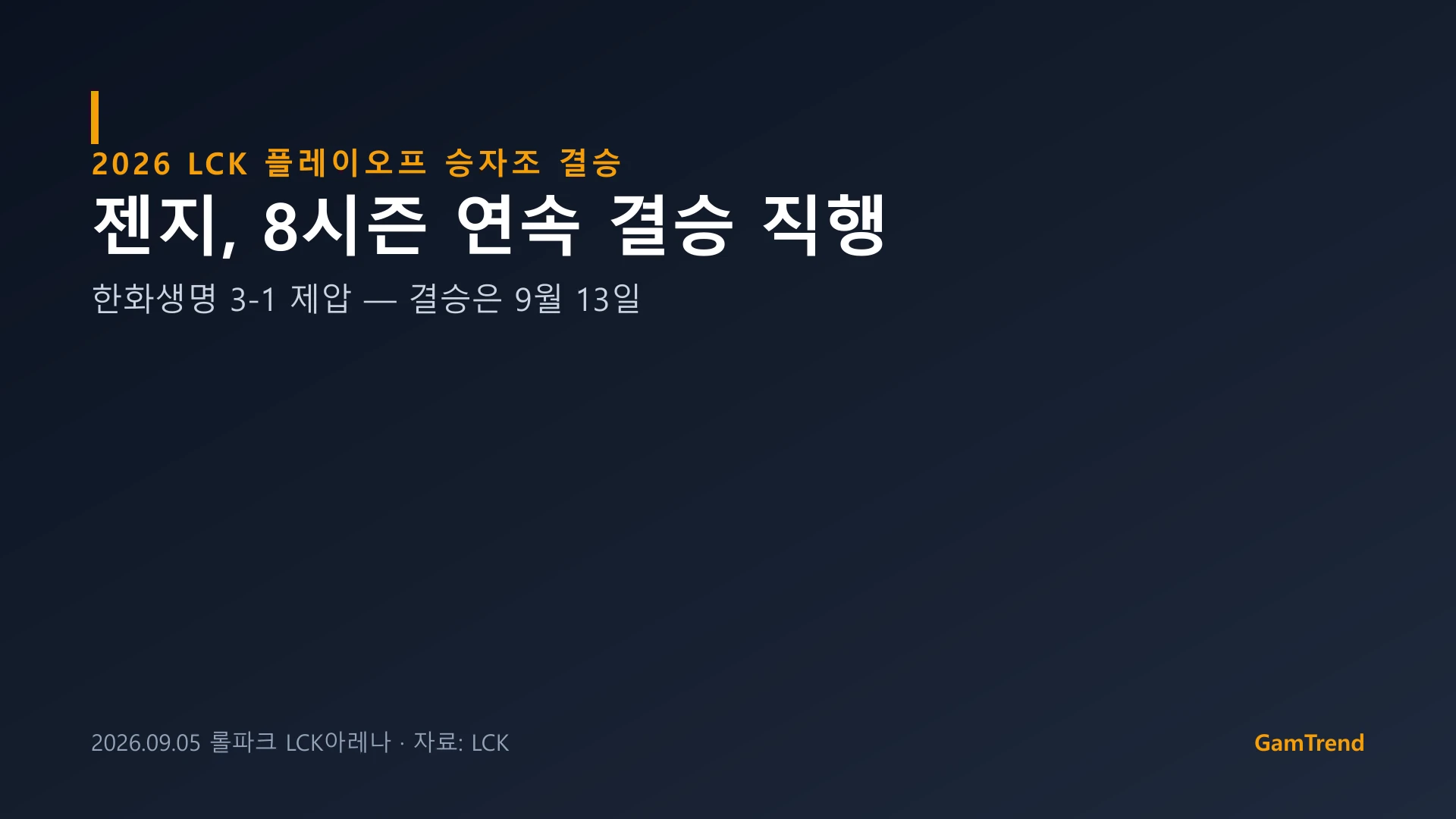 2026 LCK 플레이오프 승자조 결승에서 젠지가 한화생명을 3-1로 꺾고 결승에 직행했다