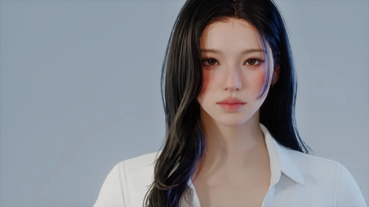 흰 셔츠를 입은 여성 캐릭터의 클로즈업