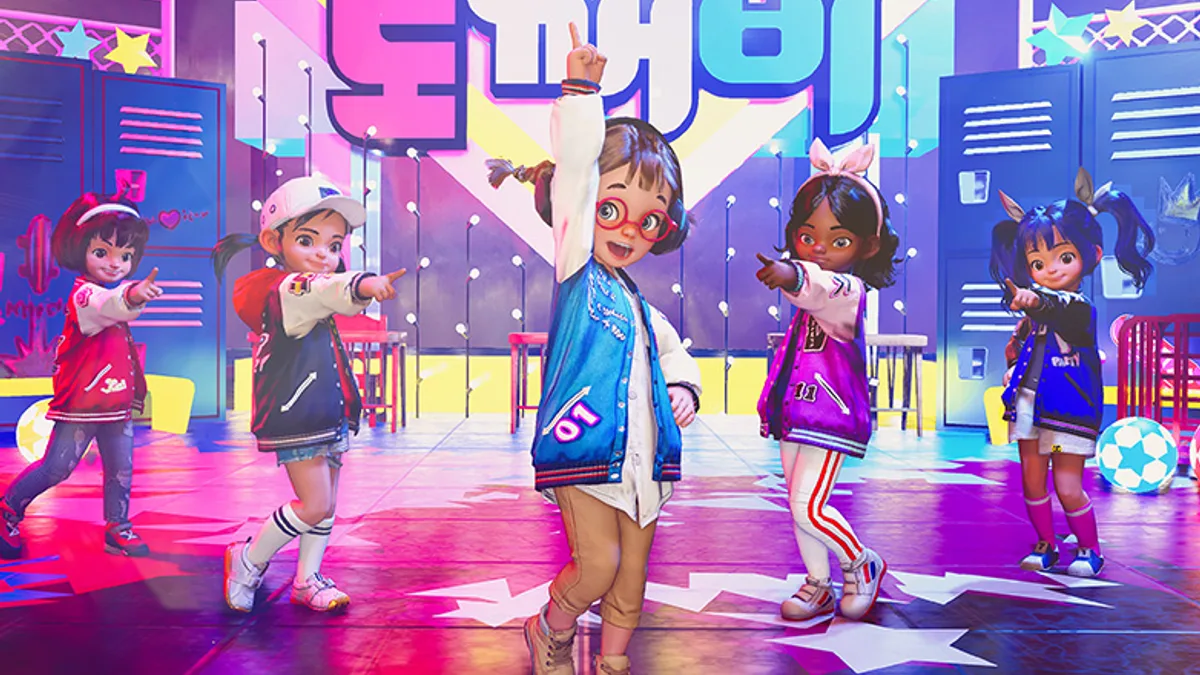 도깨비 게임 속 캐릭터들이 화려한 무대 위에서 춤을 추는 장면과 도깨비 로고