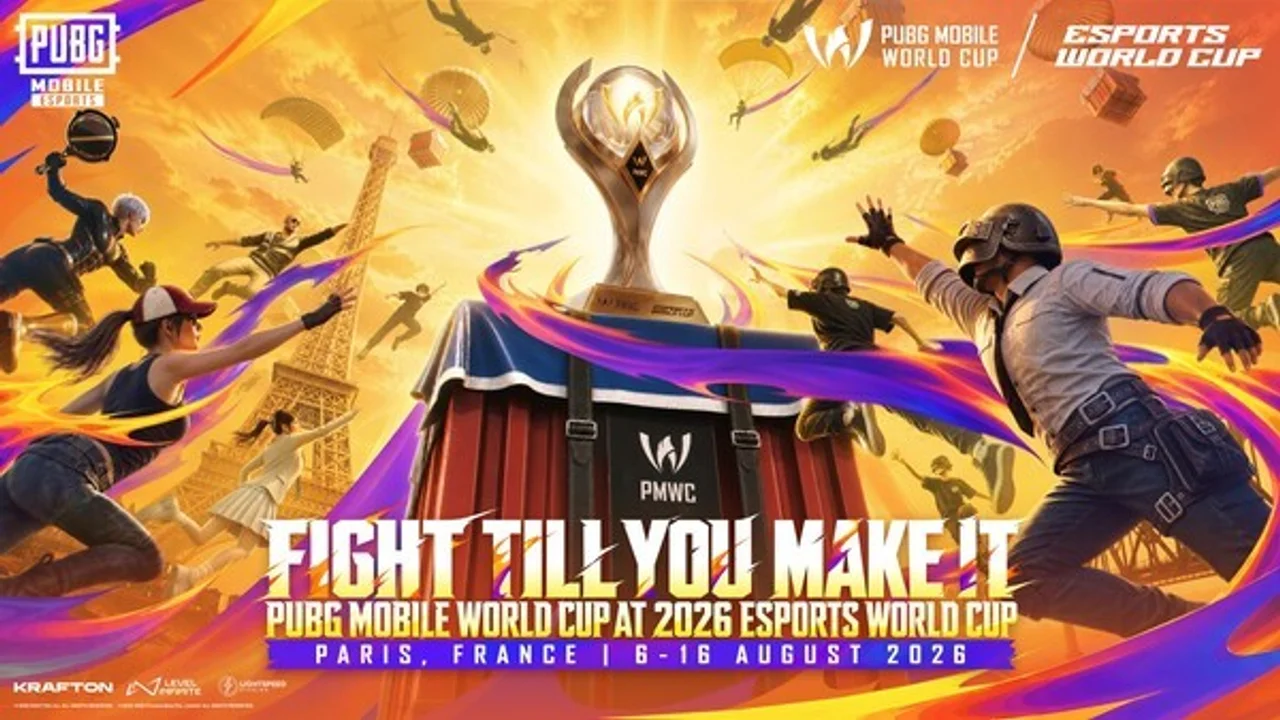 PMWC 2026 공식 키아트, 트로피를 향해 낙하산을 펼치고 뛰어드는 캐릭터들과 에펠탑 실루엣, FIGHT TILL YOU MAKE IT 문구가 적혀있다