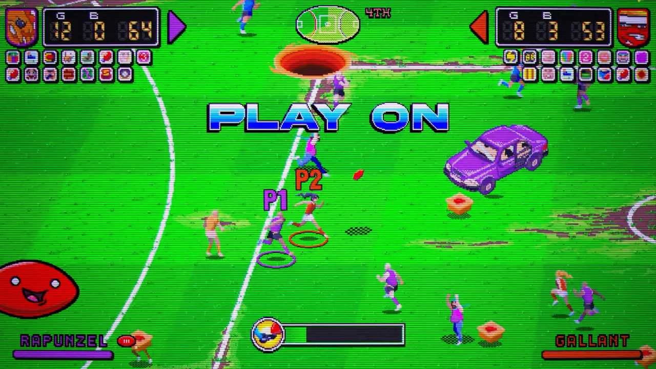 Pro Jank Footy 게임 스크린샷, 경기장에 자동차와 거대 풋볼 캐릭터가 난입한 혼란스러운 경기 장면