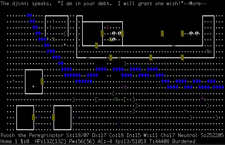 1987년작 넷핵(NetHack)의 ASCII 그래픽 화면