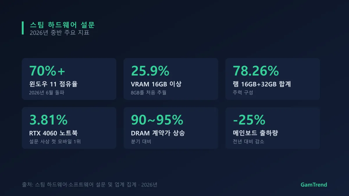 스팀 하드웨어 설문의 주요 지표를 정리한 그래픽