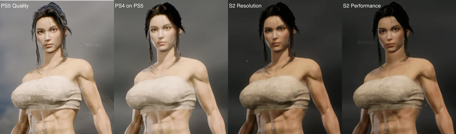PS5 화질모드, PS4 온 PS5, 스위치2 해상도모드, 스위치2 성능모드 4가지 캐릭터 얼굴 비교 스크린샷