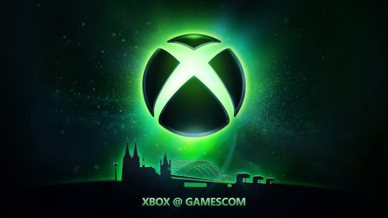 Xbox 게임스컴 2026 공식 키비주얼, 초록빛 오로라를 배경으로 Xbox 로고와 쾰른 시내 실루엣이 그려져 있다