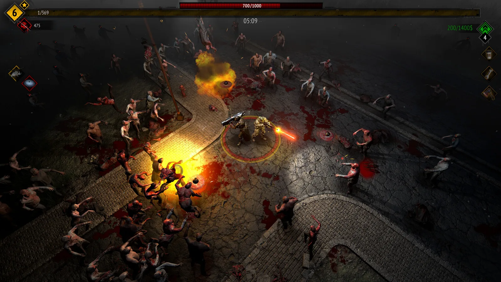 Yet Another Zombie Survivors — 도심 거리에서 거대 좀비 무리와 교전하는 장면